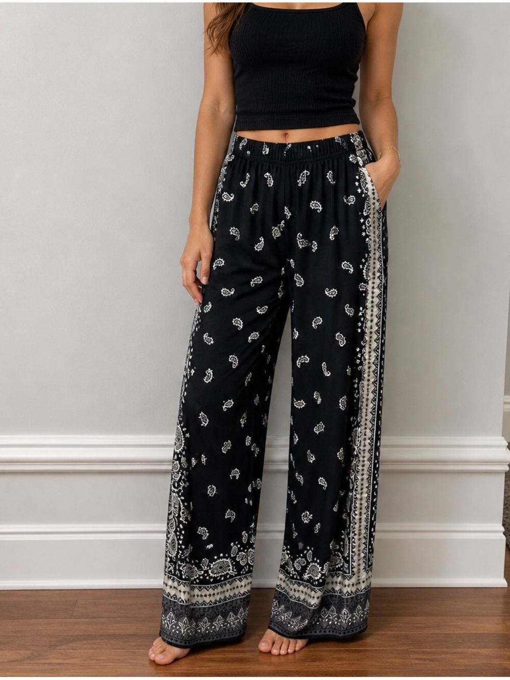 Belle by Kim Gravel Black and White Paisley Wide Leg Pants